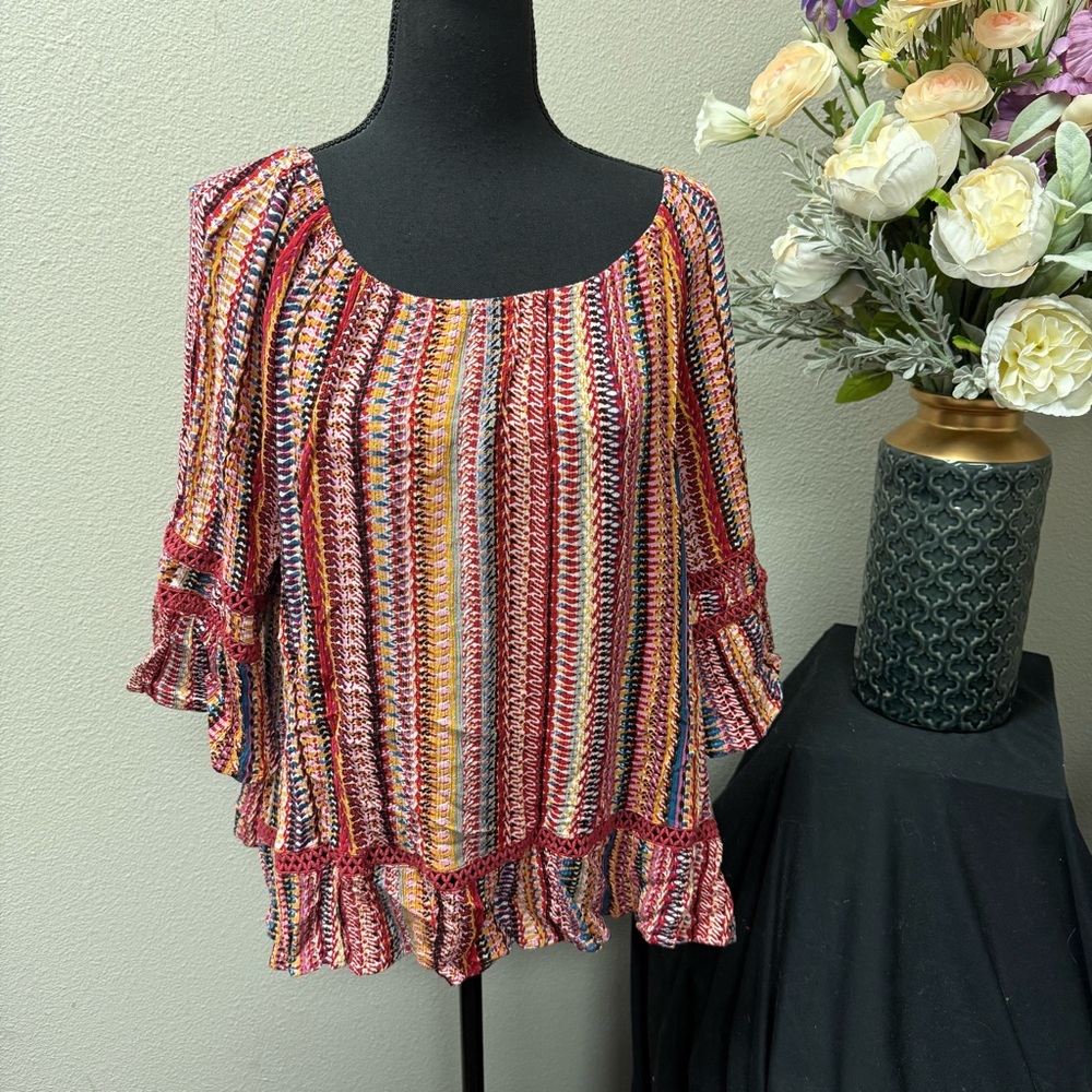 Hannah Boho Ruffle Peasant Blouse Multicolor Stripe Crochet Trim L